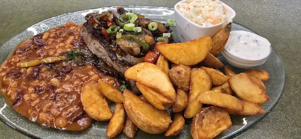 Cowboy Dream with steak, beans and potato wedges